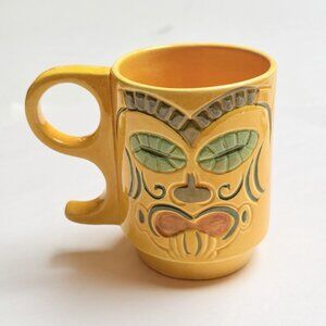 Tiki Coffee Cup Mug Hawaiian Vintage Ceramic Two Sided Yellow Signed Muriel Gift